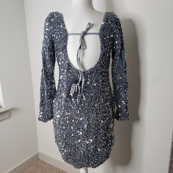 LONG SLEEVE OPEN BACK DRESS SEQUIN GREY/SILVER - Picture 7 of 11